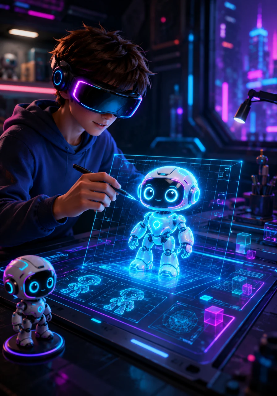 Focus shifted to character creation on a large drafting tablet. Leo sculpted the 3D model of a charming, tiny robot companion with large, friendly eyes, ready to guide visitors.
