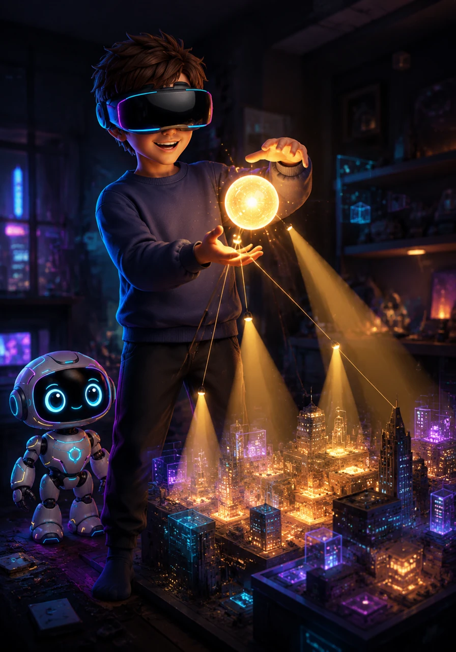 The world was built, but it needed mood. In a semi-dark room, Leo held a glowing light orb, positioning virtual spotlights to cast dramatic, warm shadows over his digital city.