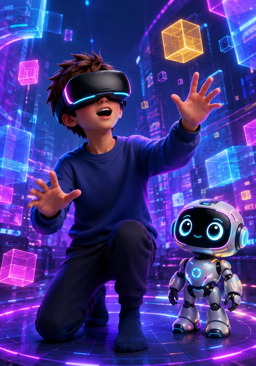 ly, it was time. Leo slipped on a curved VR headset and gasps in joy, completely immersed inside the finished, colorful 3D world, where his tiny robot is waiting.