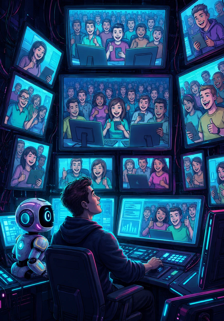 Back at his multi-screen setup, Leo pressed the 'LAUNCH' button. A crowd gathered on screen, interacting with his creation from computers and phones, their virtual smiles a testament to his digital dream coming true.