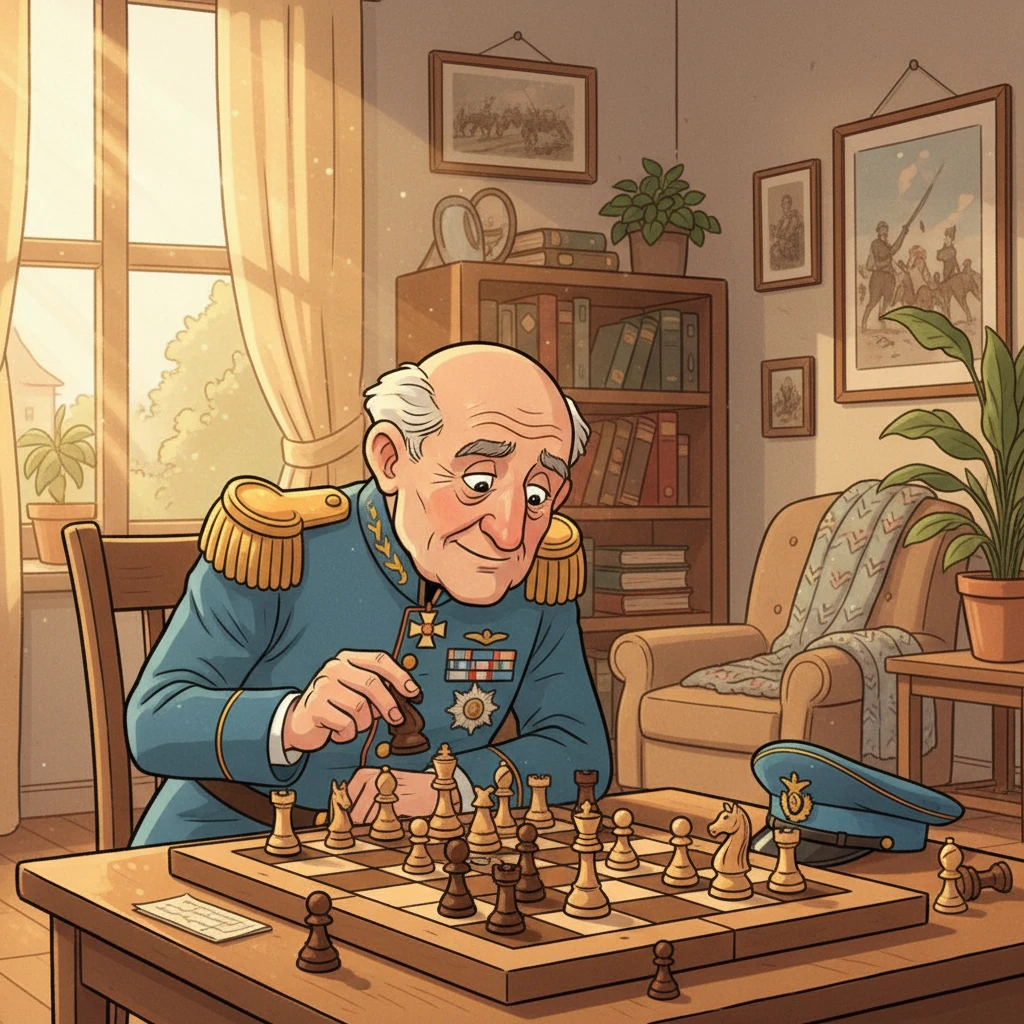 En una luminosa habitación del asilo, el General Ricardo, con el uniforme impecable, se inclinaba sobre un tablero de ajedrez. Sus ojos, marcados por el tiempo, brillaban con intensidad mientras movía las piezas, reviviendo batallas perdidas y victorias ganadas.