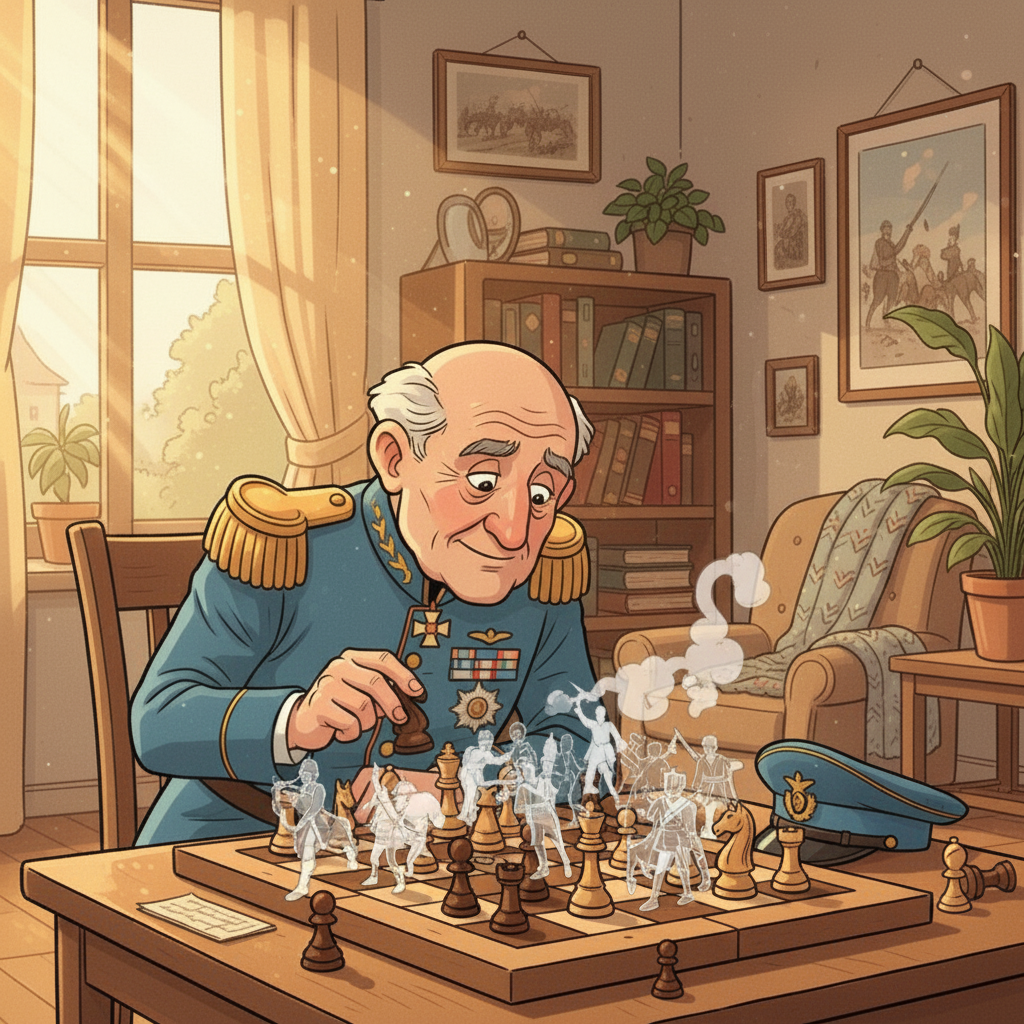 El tablero de ajedrez se convirtió en el campo de batalla de sus recuerdos. Con cada movimiento, el General Ricardo transportaba a su mente a momentos de estrategia y valentía, simulando la guerra que una vez marcó su vida.