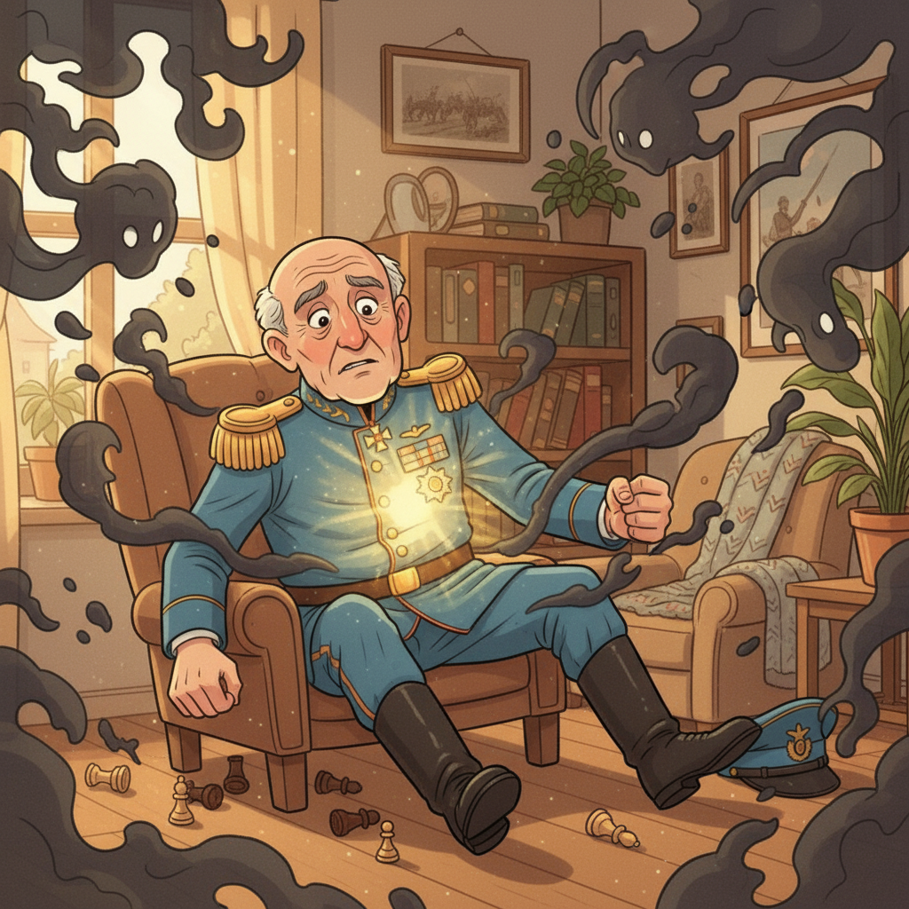 Un día soleado, al General Ricardo le fallaron las fuerzas y cayó. La batalla simulada se convirtió en una lucha real contra la oscuridad. Por un momento, creyó que todo había terminado, pero una fuerza interna lo impulsó.