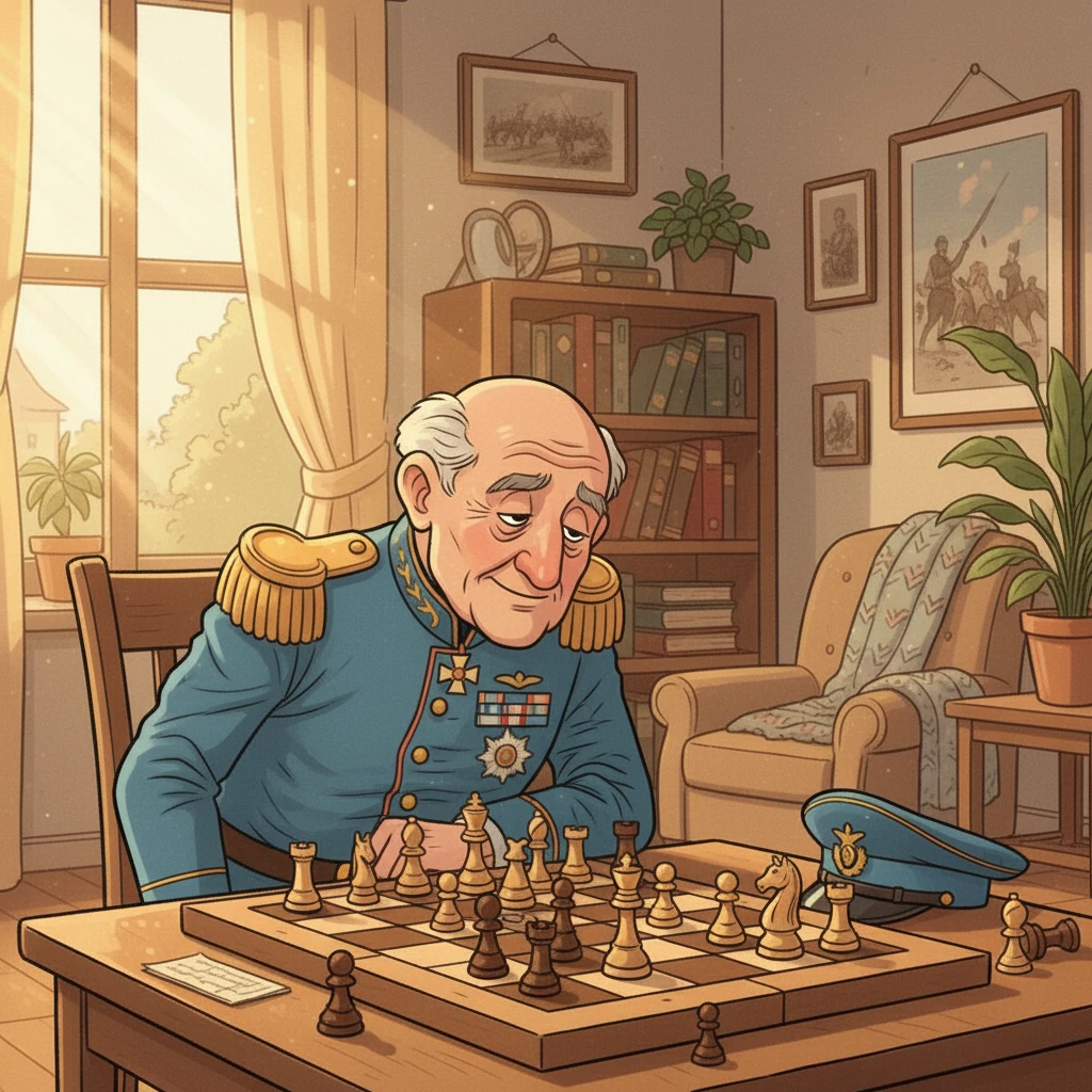 El General Ricardo, ahora con su uniforme un poco desordenado, se recupera lentamente. La habitación, llena de eco, solo es interrumpida por el sonido de las piezas de ajedrez, ahora quietas.