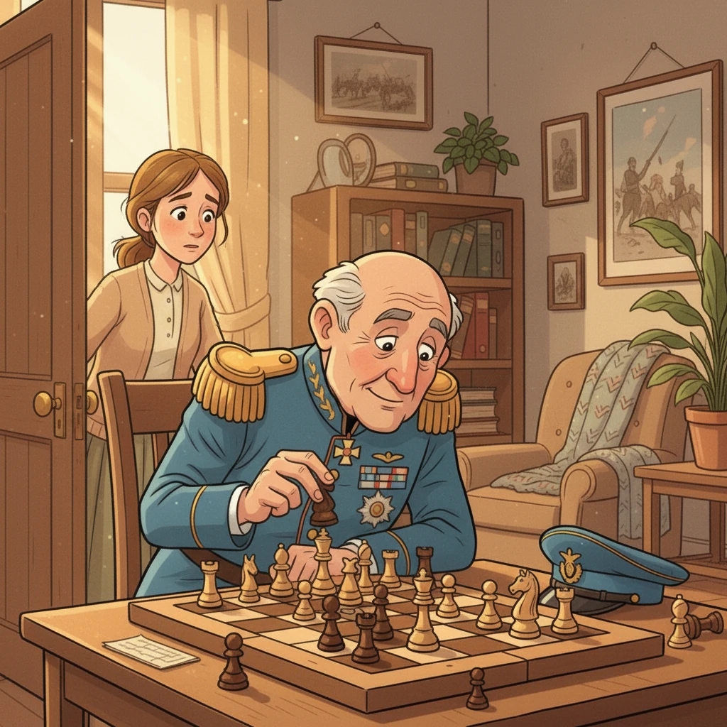 La puerta se abre y una mujer, con el mismo brillo en los ojos que el General, entra en la habitación. Era su hija, preocupada por su padre, quien observa la escena conmovida.