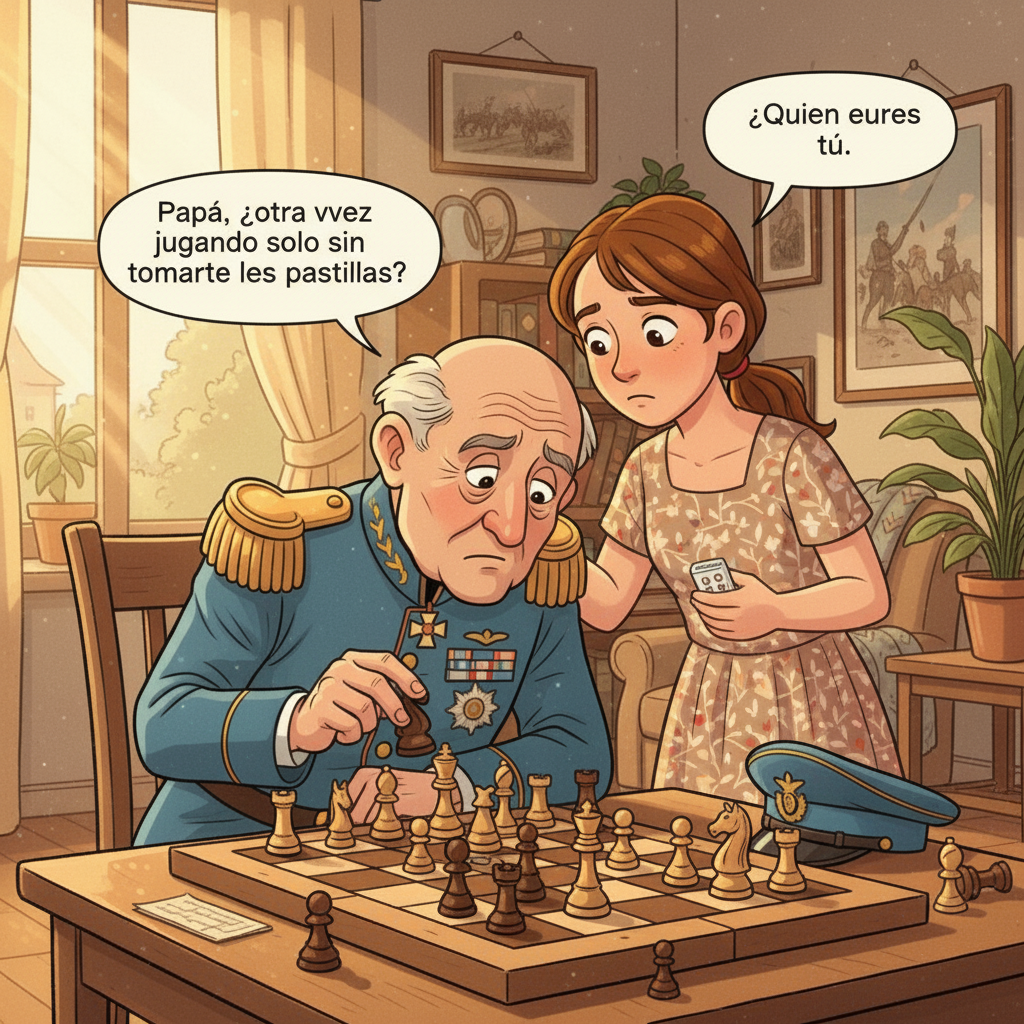 Su hija se acerca y le pregunta con ternura: "Papá, ¿otra vez jugando solo sin tomarte las pastillas?". El General Ricardo la mira, la niebla de la enfermedad nublando su memoria y responde con voz suave: "¿Quién eres tú?"