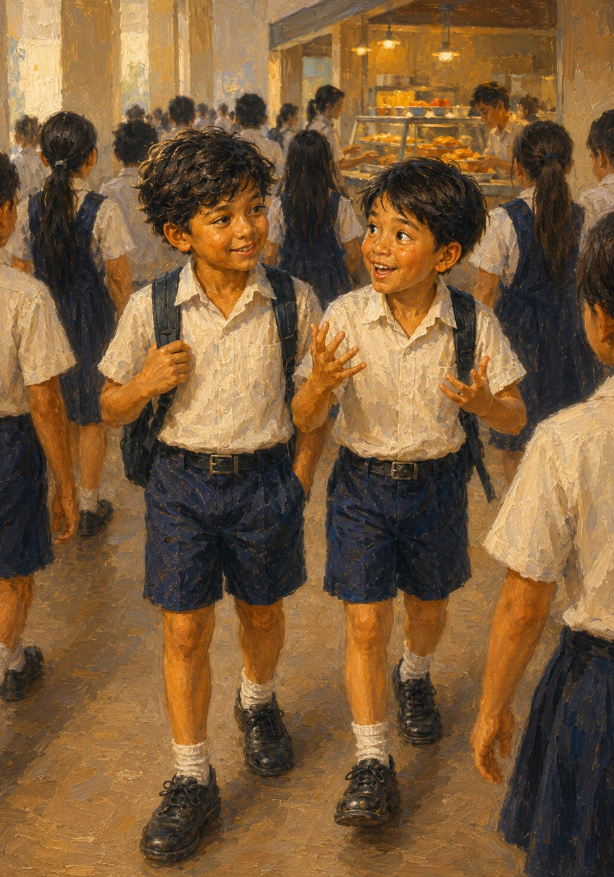 As they navigate through the crowded corridor toward the canteen, the savory aroma of fried noodles and fresh pastries begins to fill the air. Daud leads the way while Isyak animatedly describes a goal he scored during physical education class.