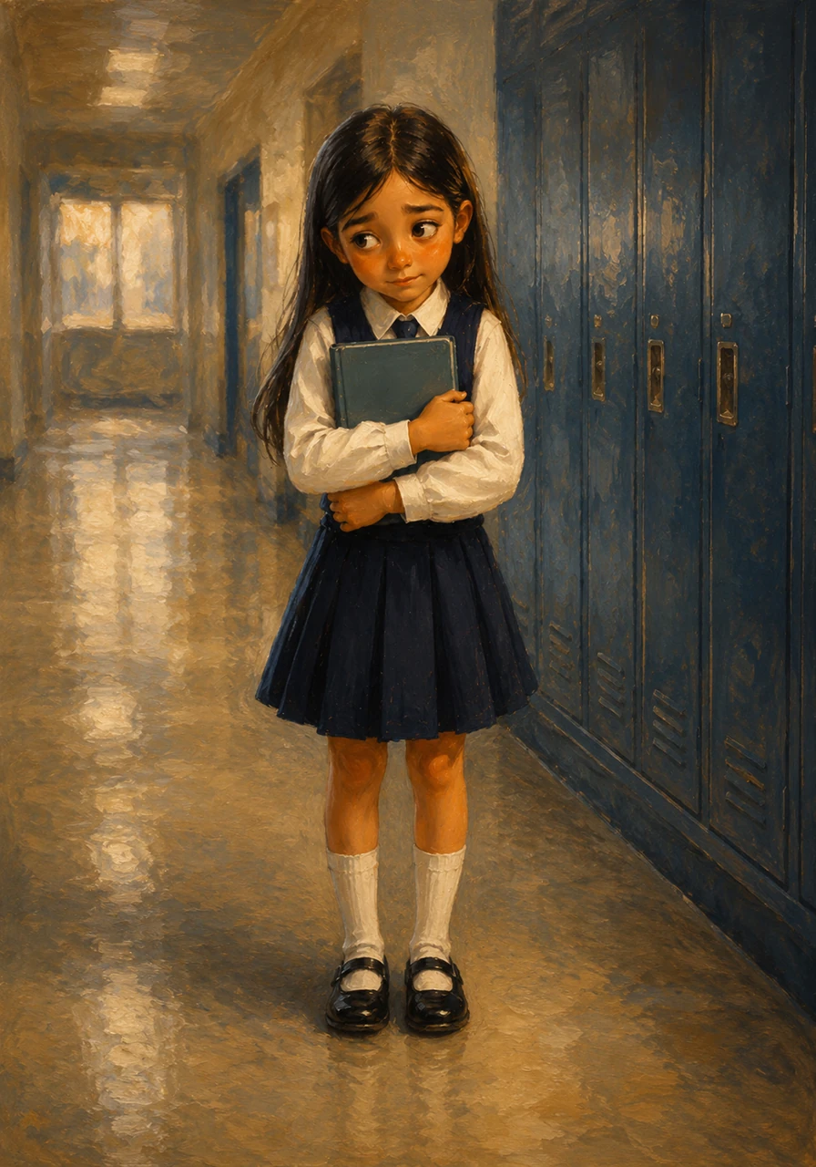 Suddenly, they notice a girl standing alone near a row of lockers, looking lost and clutching her notebook tightly. She has long dark hair and wears a school uniform that looks brand new, still crisp and without a single crease.