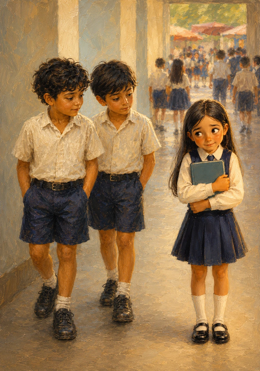 Daud and Isyak slow their pace as they approach her, realizing they have never seen her in the hallways before. The girl looks up shyly, her eyes darting between the two boys and the busy path leading toward the food stalls.