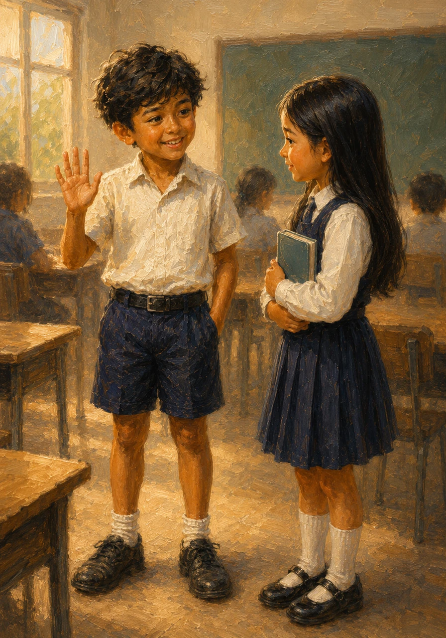 Isyak gives a friendly wave and asks if she is okay, noticing the slight flicker of nervousness in her expression. She offers a small, tentative smile and introduces herself as Isabella, the new student who just joined their grade today.