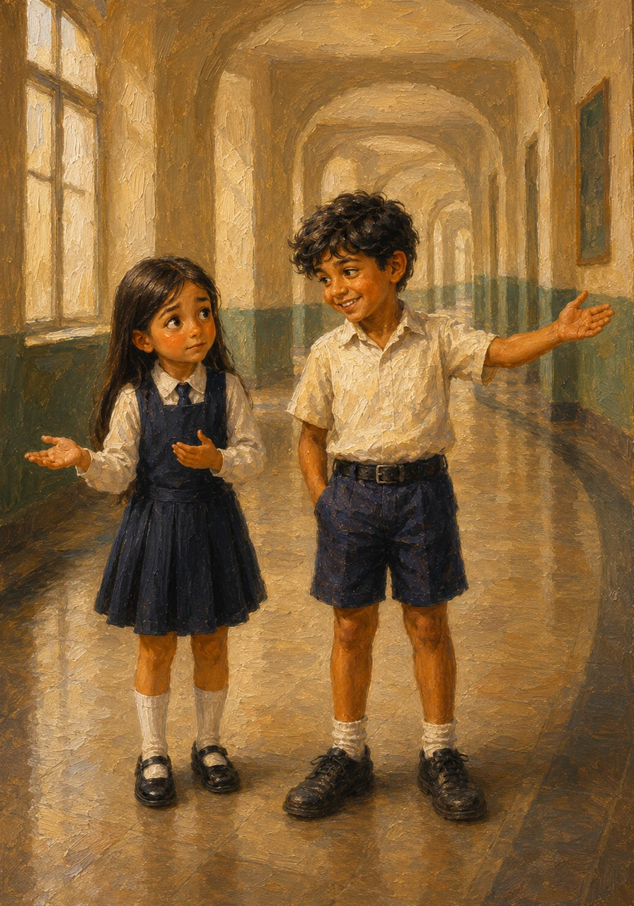Isabella explains that she was trying to find the canteen but got turned around by the many twisting hallways of the large school building. Daud immediately offers to guide her, assuring her that they are heading to the exact same spot.