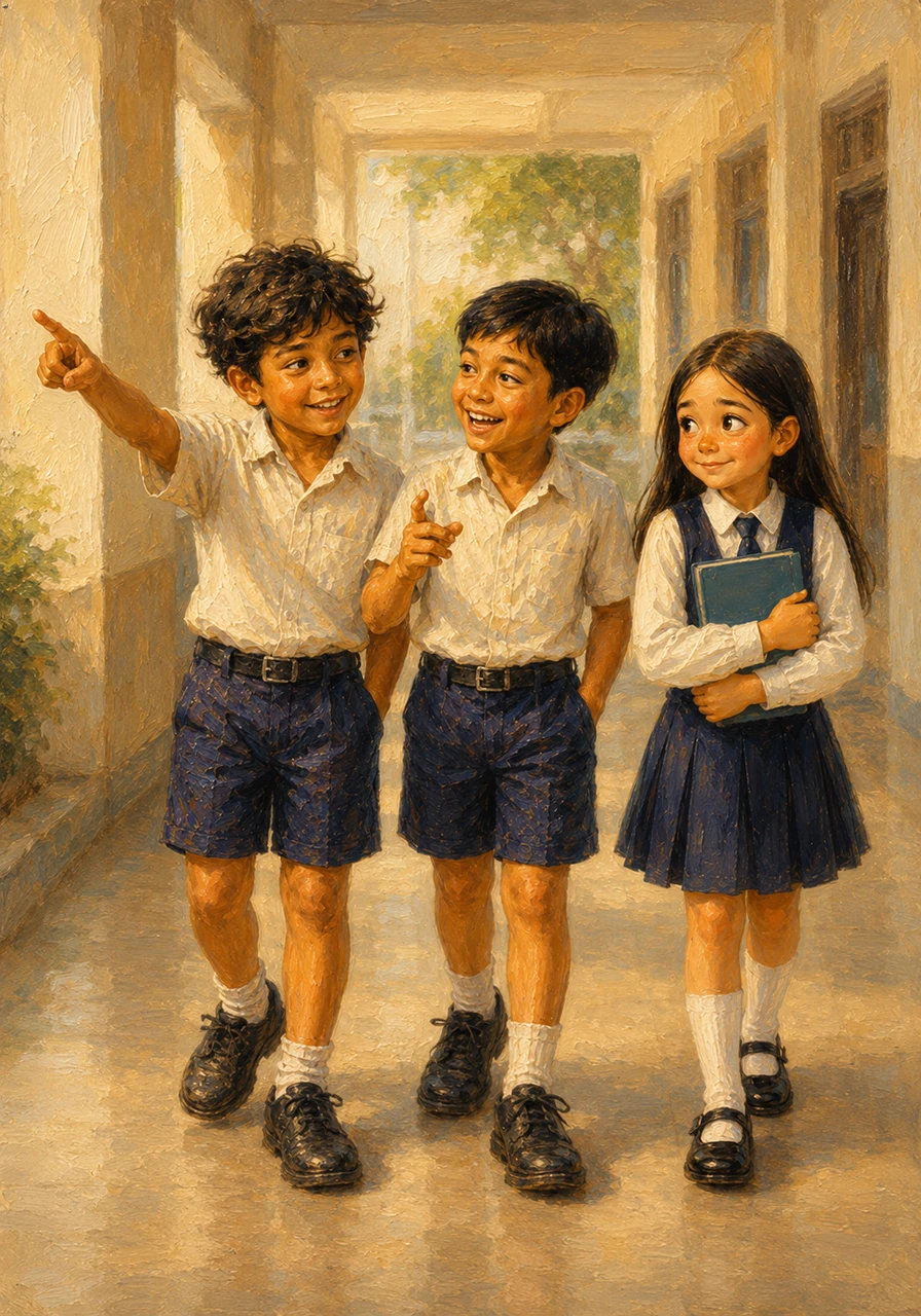 The three of them walk together, with Daud and Isyak pointing out important landmarks like the library and the principal's office along the way. Isabella begins to relax, her grip on her notebook loosening as she listens to their funny stories about the teachers.
