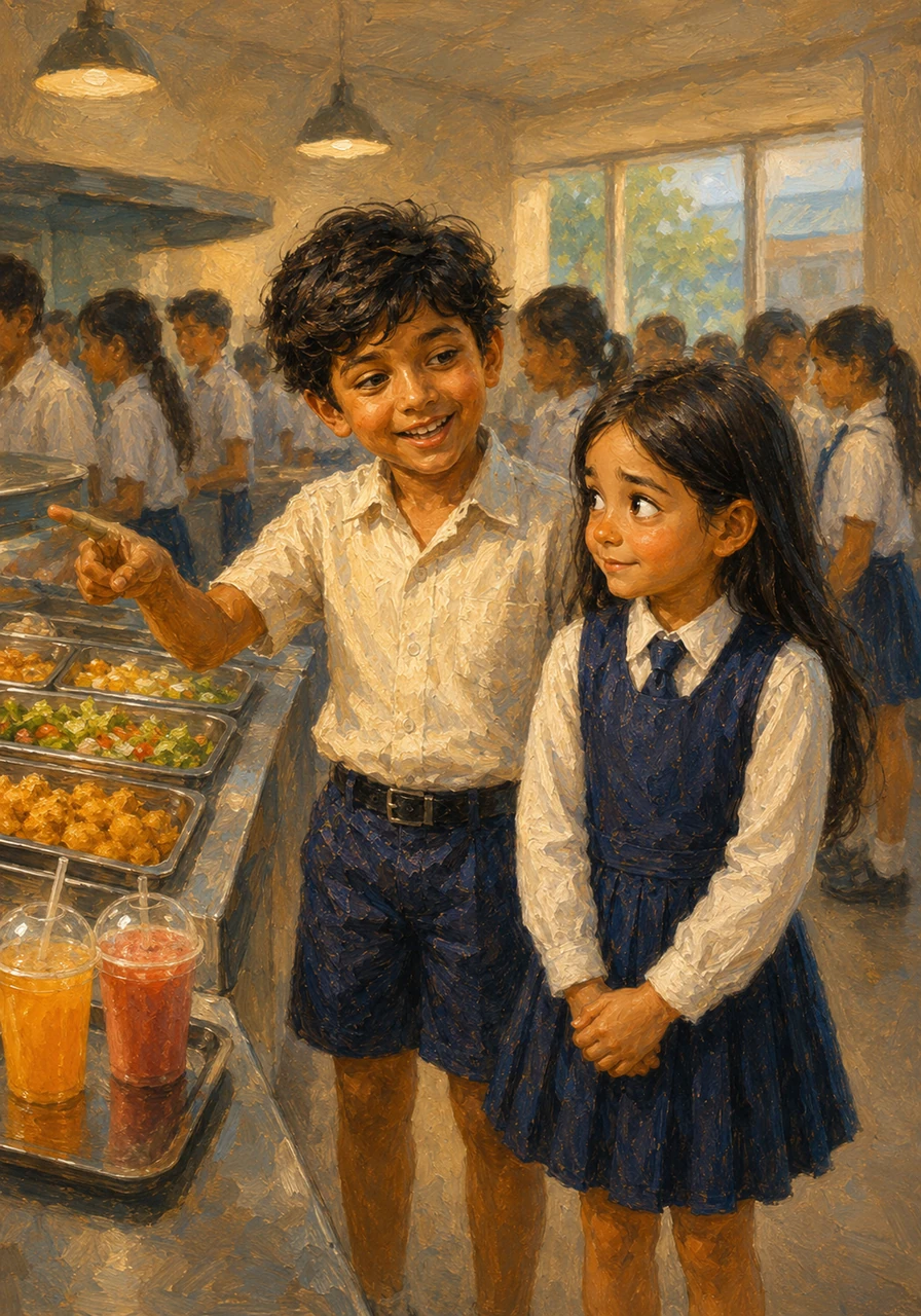 Upon reaching the canteen, the space is filled with the cheerful clatter of plates and the hum of students talking. Daud helps Isabella navigate the queue, explaining which stalls have the best snacks and which drinks are the most refreshing.