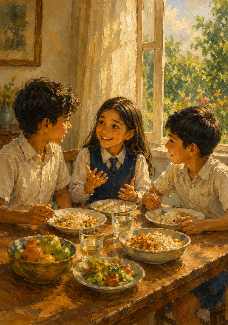 They find a bright table near the window where the garden outside is visible, and they invite Isabella to sit with them. As they share their meal, the conversation flows easily, and the initial awkwardness of being a stranger begins to fade away for Isabella.