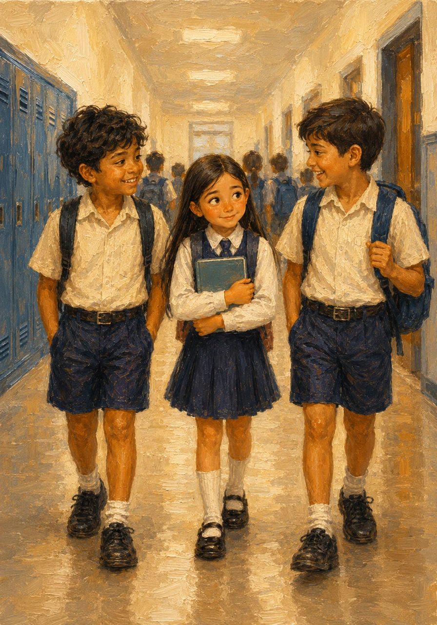 By the time the bell rings to end recess, Isabella is no longer the lonely girl by the lockers, but a friend among friends. Daud and Isyak walk her back to her classroom, happy to have turned a simple lunch break into the start of a wonderful new friendship.