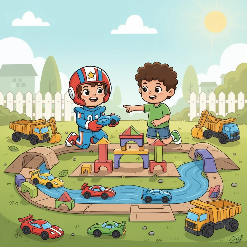 Blaize and Micah decided to build the best racetrack ever! They gathered their favorite toys: fast racecars, powerful megamover trucks, and blocks for hills and tunnels. The sun shone brightly as they started their construction.