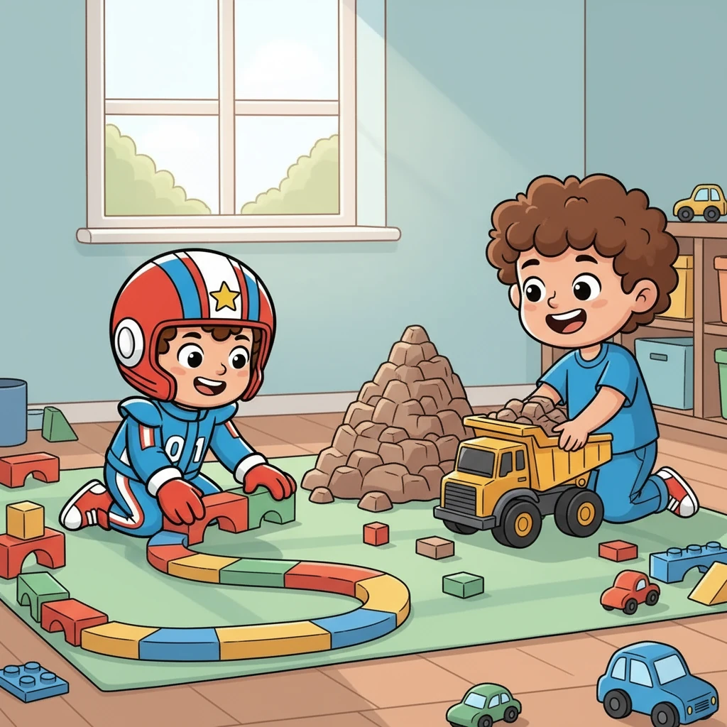 Micah and Blaize began to build. Micah carefully placed blocks to create a curvy road, while Blaize used his megamover truck to create a big mountain. They laughed as they worked together, their imaginations running wild.