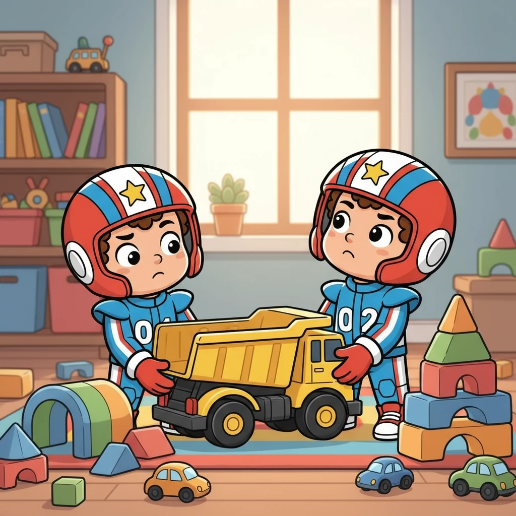 Suddenly, Micah wanted the megamover truck to build a tunnel. Blaize was using it to make a mountain. They both wanted the same toy. Micah and Blaize looked at each other, a little disappointed.