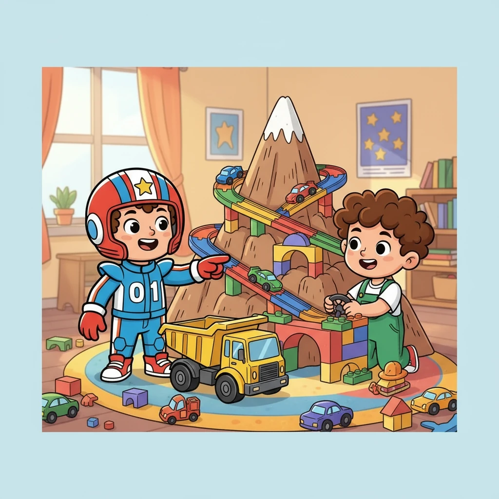 Blaize smiled and said, “Let’s share!” He let Micah use the megamover truck for the tunnel, and then they continued to build the mountain together. The racetrack was even better than before, thanks to sharing.