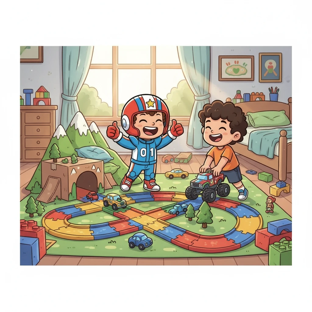 Finally, the racetrack was complete! Micah and Blaize raced their cars and trucks around the track, through tunnels and over mountains. They cheered and laughed, happy to have built something amazing together. They learned the joy of sharing and the power of friendship.