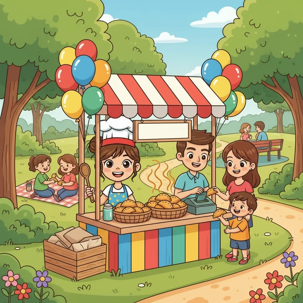 Con la ayuda de su familia, Emilia montó un pequeño puesto de 'Empanadas Express' en el parque. Globos coloridos y un cartel llamativo adornaban su lugar. El aroma a empanadas recién horneadas flotaba en el aire.