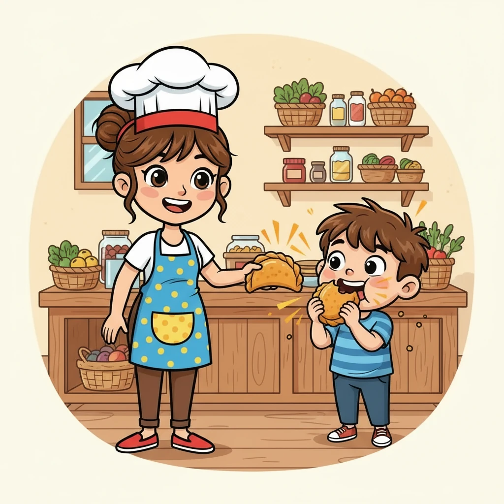 El primer cliente fue un niño pequeño con mucha hambre. Emilia, con una gran sonrisa, le ofreció una empanada de carne. ¡Al primer bocado, el niño sintió una explosión de sabor!