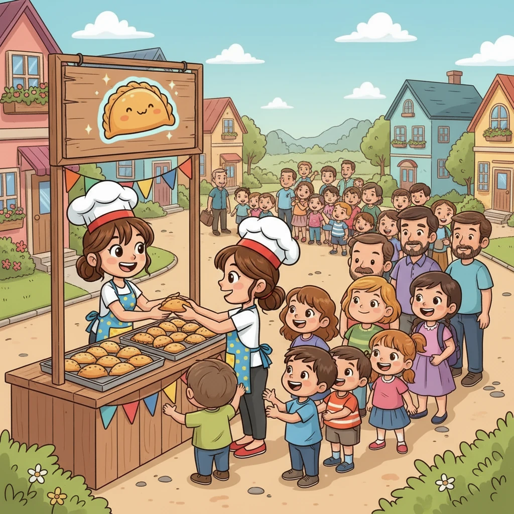 Pronto, la noticia de las empanadas mágicas se extendió por todo el vecindario. Adultos y niños hacían fila para probarlas. Emilia atendía a todos con entusiasmo y alegría, cada empanada era especial.