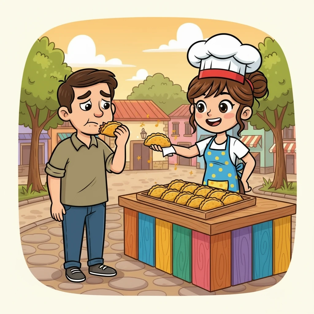 Un día, un hombre triste se acercó al puesto. Emilia le ofreció una empanada de pollo, y al comerla, su tristeza se desvaneció. Las empanadas de Emilia no solo eran deliciosas, ¡sino que también hacían felices a las personas!