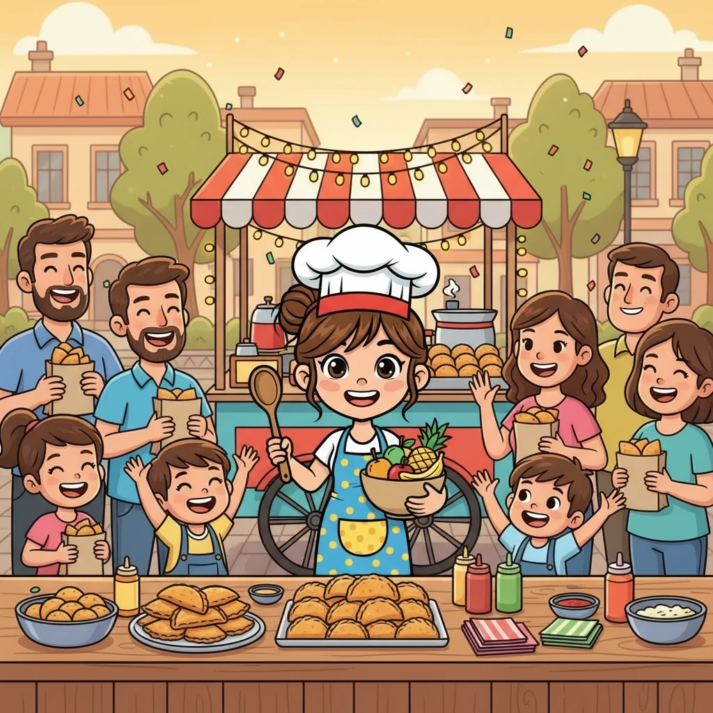 Emilia, rodeada de amigos y clientes felices, se dio cuenta de que su negocio era mucho más que una venta de empanadas. Era un lugar de encuentro, de alegría y de compartir. Y así, las Empanadas Express siguieron alegrando el barrio, una empanada a la vez.