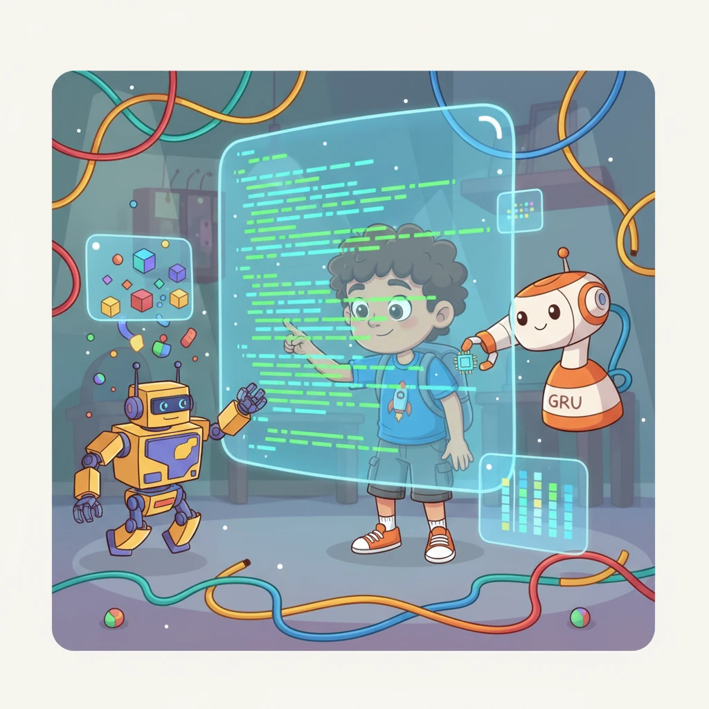 He introduces more advanced models, a powerful GRU and a clever Transformer, depicted as robotic helpers, working together to make sense of the chaos.