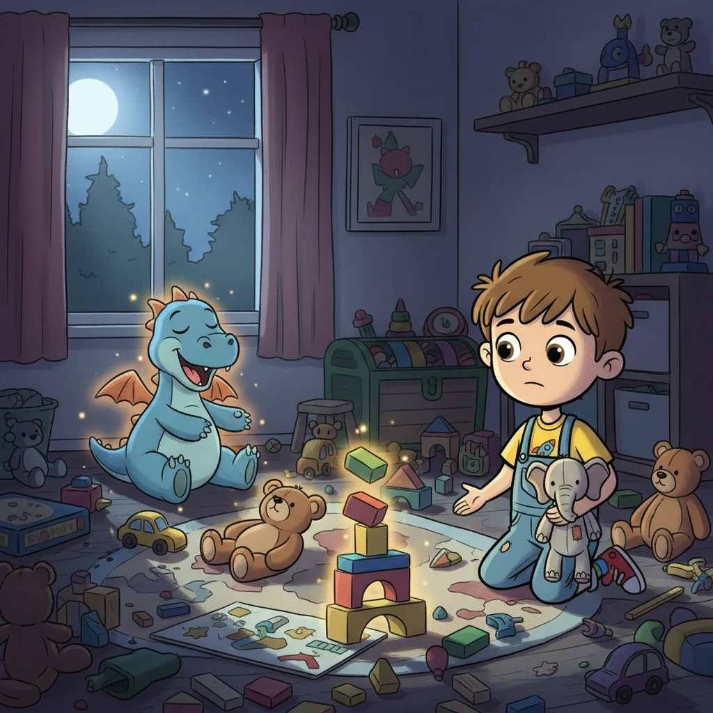 Suddenly, the toys in their playroom began to glow! The stuffed animals and building blocks seemed to wobble and grumble. Puffletop, a friendly stuffed dragon, woke up with a sleepy yawn.