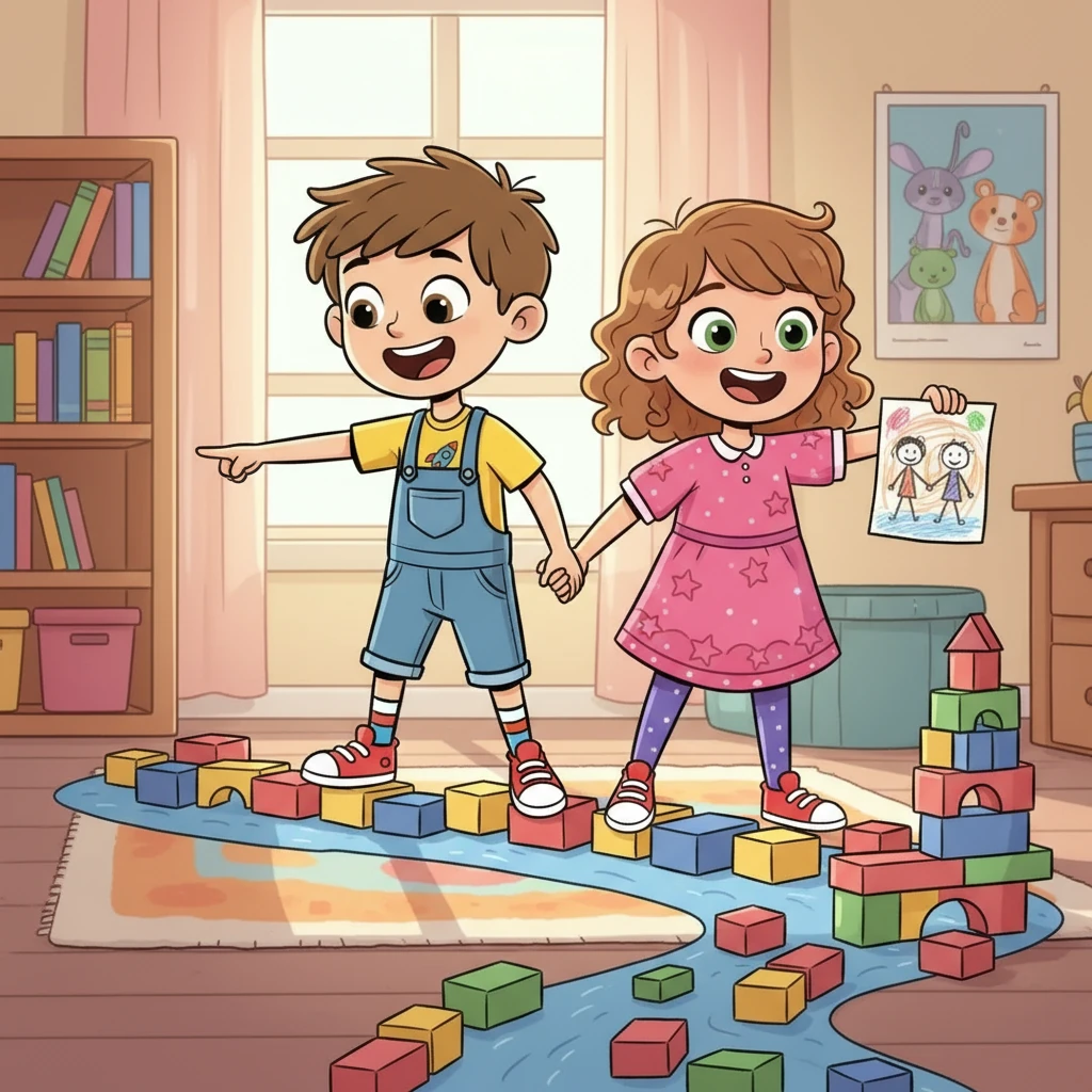 Together, they helped each other across a pretend river of building blocks and built a tower. Finn admired Scarlett's drawing skills and Scarlett loved Finn's silly ideas. They both cheered each other on.