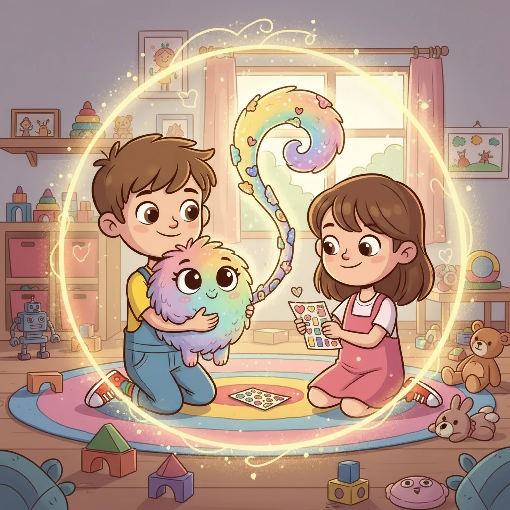 Finally, as they worked together to decorate Puffletop's tail with sparkly stickers, the Friendship Light shone brightly! They realized that when they were kind and shared, their playroom magic was the strongest. And even when the toys went quiet again, Scarlett and Finn knew the real magic was how they listened to each other’s hearts.