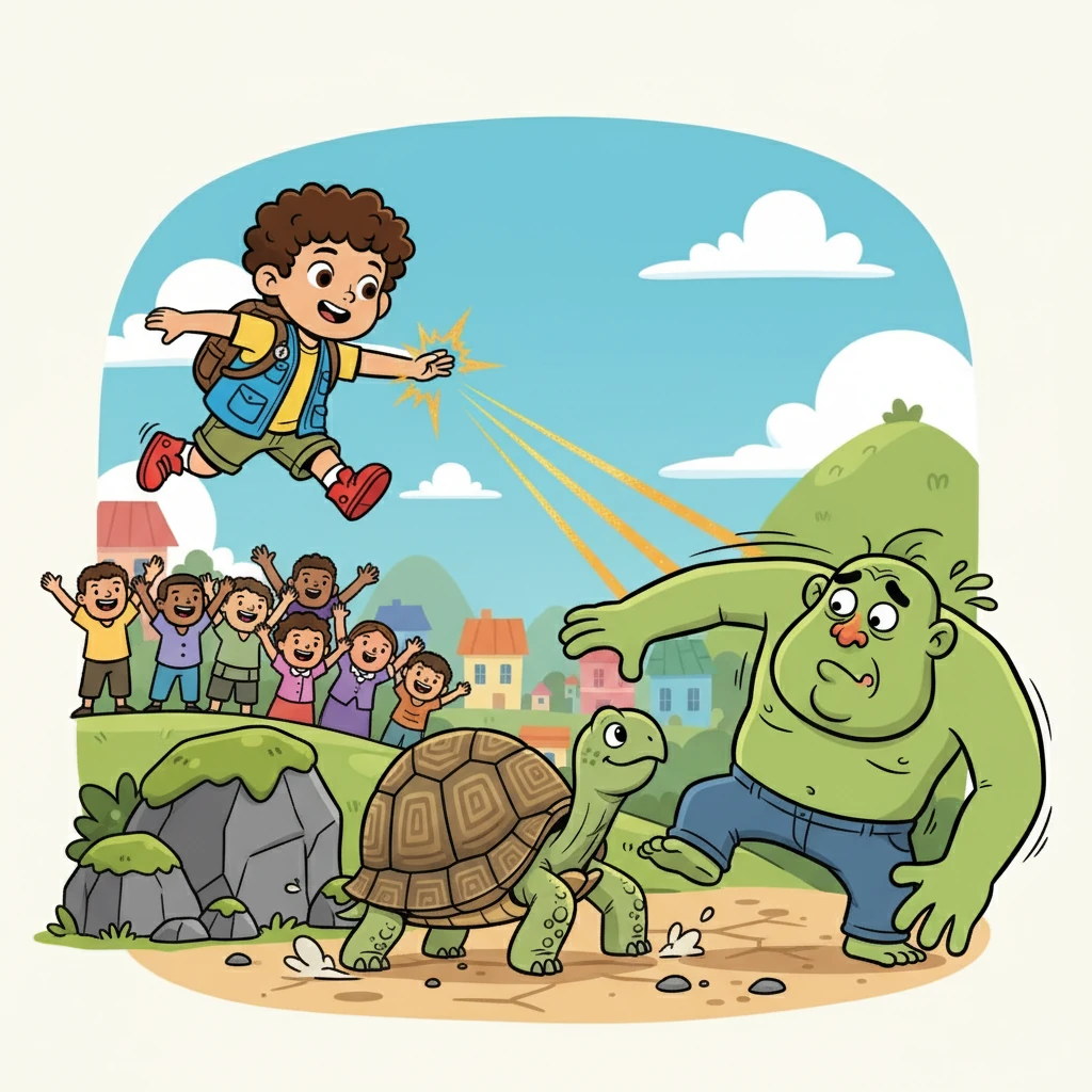 Pertempuran epik dimulai, dengan kura-kura menggunakan kekuatannya untuk mengalahkan gergasi. Orang-orang terpesona oleh keberaniannya, menyambutnya sebagai pahlawan.