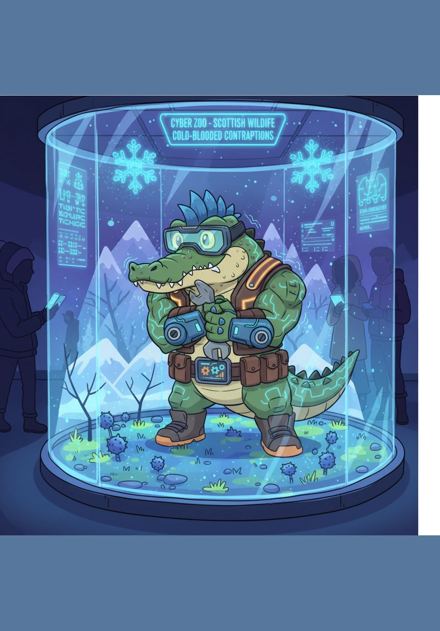 Callum the Crocodile lived in a big zoo in Scotland, where the mist often rolled over the green hills. Even though he had a nice pool, he spent his mornings shivering because the air felt far too chilly for a crocodile.