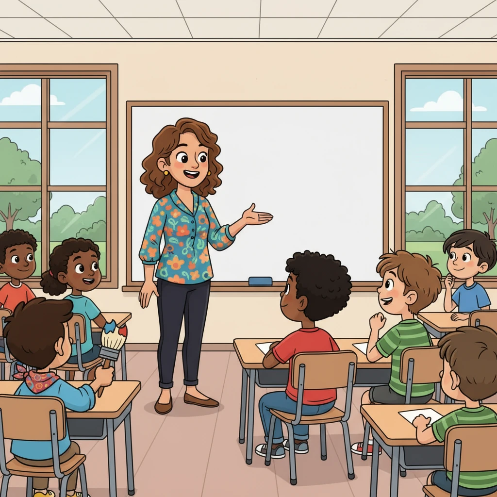 En el aula, la Profesora Jennifer, con su blusa colorida, anuncia una clase diferente. Los alumnos, entre ellos Samir, Antony y Gerónimo, escuchan con expectación. El aire se llena de emoción ante la promesa de una aventura fuera del aula.