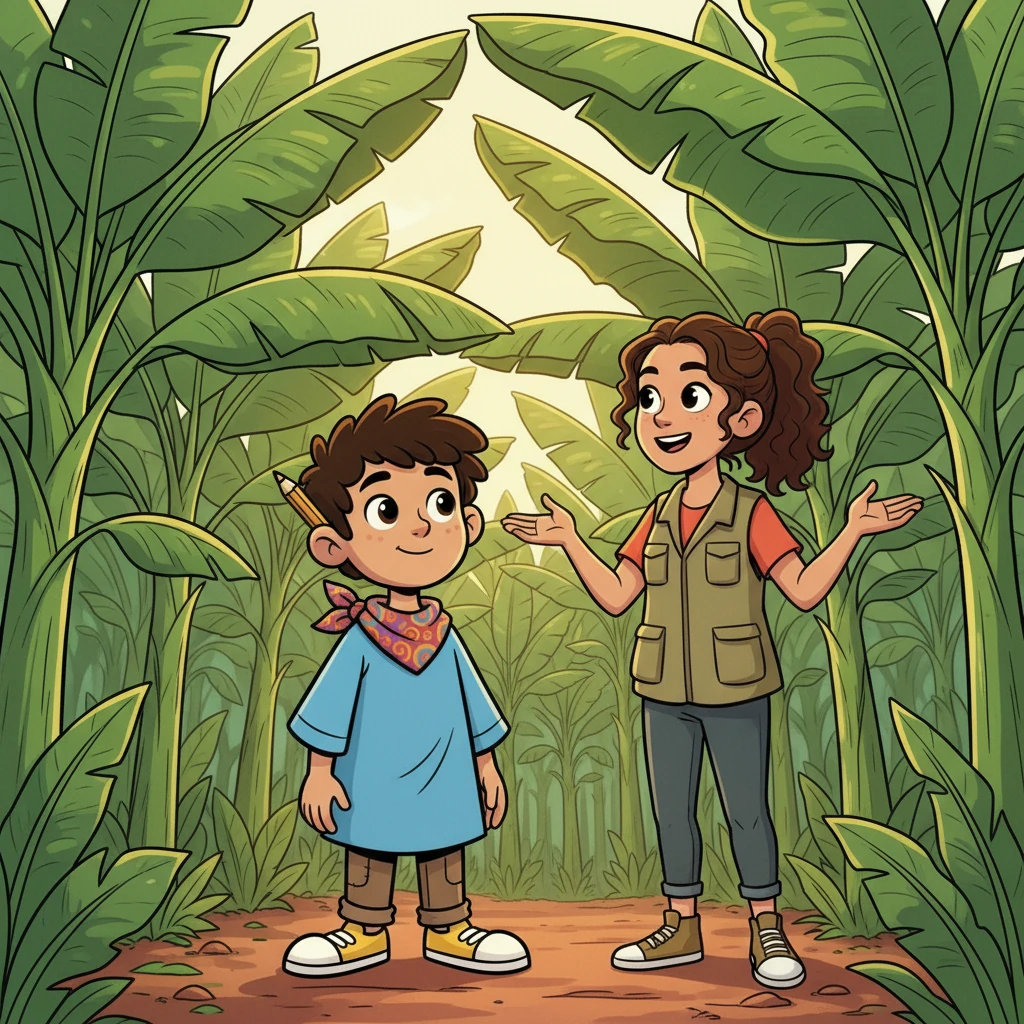 Caminando por las plataneras, Samir, con su lápiz en la oreja, observa la inmensidad. Jennifer explica el desafío: crear microvideos para mostrar la riqueza de Urabá. El sol brilla sobre las hojas de plátano, prometiendo un día lleno de descubrimientos.