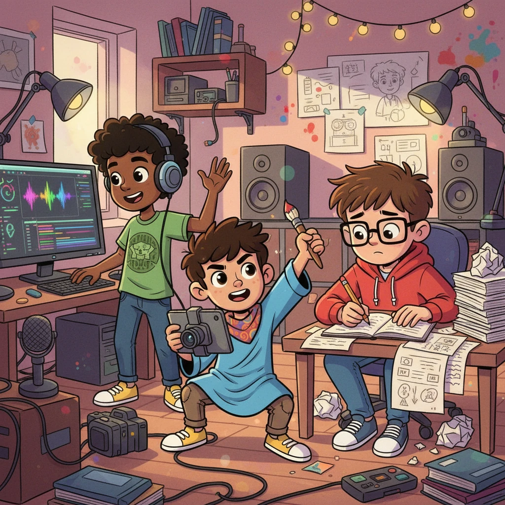 Gerónimo graba tomas arriesgadas, mientras Antony anota frases pegadizas. Samir, con su visión artística, planea transiciones rápidas y una música vibrante. El equipo trabaja con entusiasmo, uniendo sus talentos para el proyecto.