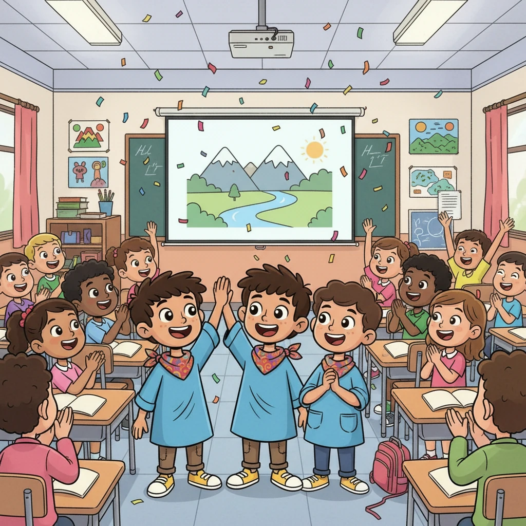 El aula estalla en aplausos al ver el video terminado. El hashtag #UrabáDesconocida se viraliza. Samir, Antony y Gerónimo comprenden el poder de sus 60 segundos, transformando su visión y la de su comunidad.