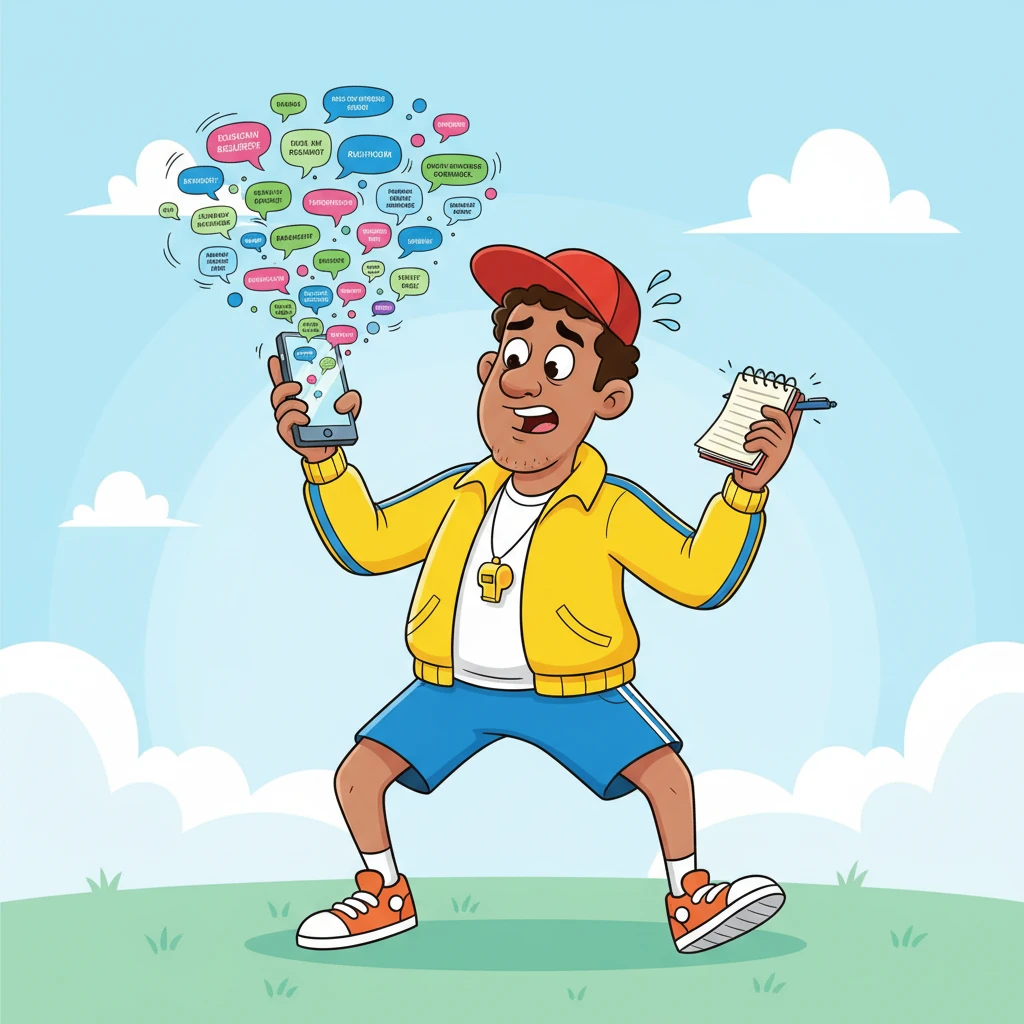 Coach Karim, a friendly Tunisian sports coach with an enthusiastic whistle, juggles an overflowing phone. Chaotic text bubbles representing endless WhatsApp messages, booking requests, and payment queries swarm around his head, making him look comically overwhelmed. He tries to keep track with a pen and notepad, but the task seems impossible.