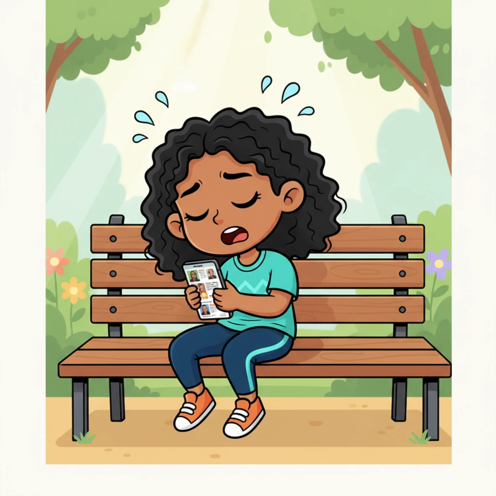 A young, athletic client named Aya scrolls through her phone with a look of deep frustration. Her screen displays a jumbled mess of unreliable coach ads, featuring blurry photos and incomplete details. She sighs dramatically, slumped on a sunny park bench, yearning for a trustworthy and simple way to find a coach.