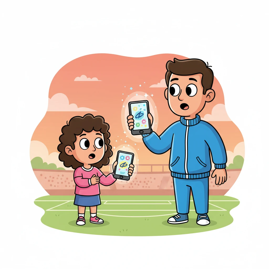 Suddenly, a brilliant, glowing portal opens on both Coach Karim's and Aya's phone screens, replacing their chaotic views. The sleek, vibrant FlexMatch app logo emerges, promising a world of order and ease. Both characters gaze at their screens with wide-eyed wonder and a glimmer of hope.