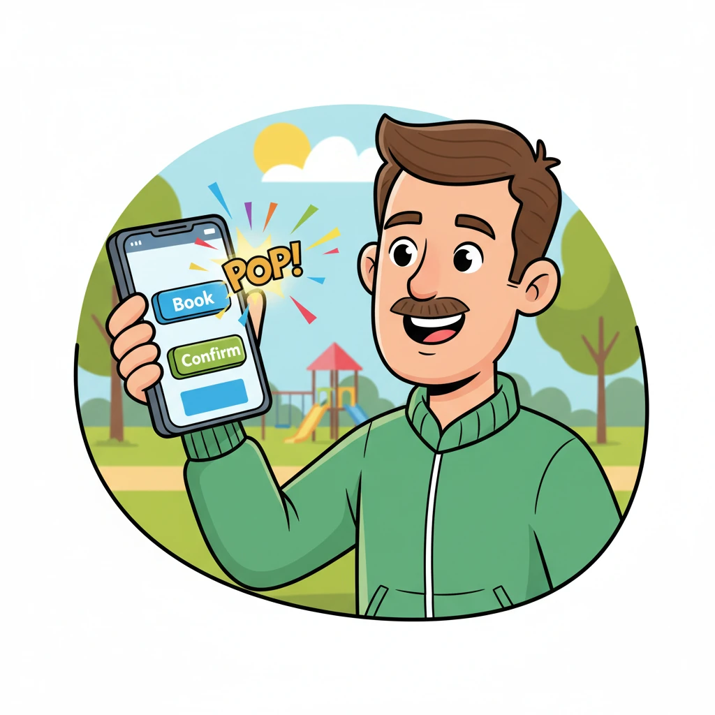 Coach Karim now sports a wide, relieved grin as he effortlessly taps his phone. Two cheerful, oversized buttons on the FlexMatch app, labeled 'Book' and 'Confirm,' glow brightly. A vibrant animation shows a booking slot instantly filling with a satisfying visual 'pop,' signaling his newfound efficiency.