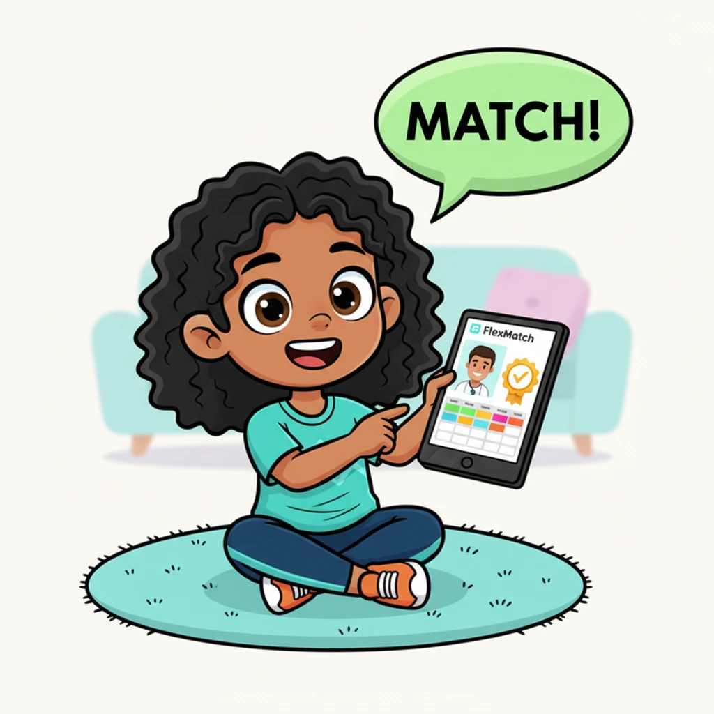 Aya's face lights up with joy as she scrolls through the FlexMatch app. Her screen proudly displays a coach's profile adorned with a sparkling 'Verified' badge and a perfectly organized schedule. She points excitedly at the screen, a happy 'MATCH!' bubble appearing above her head.