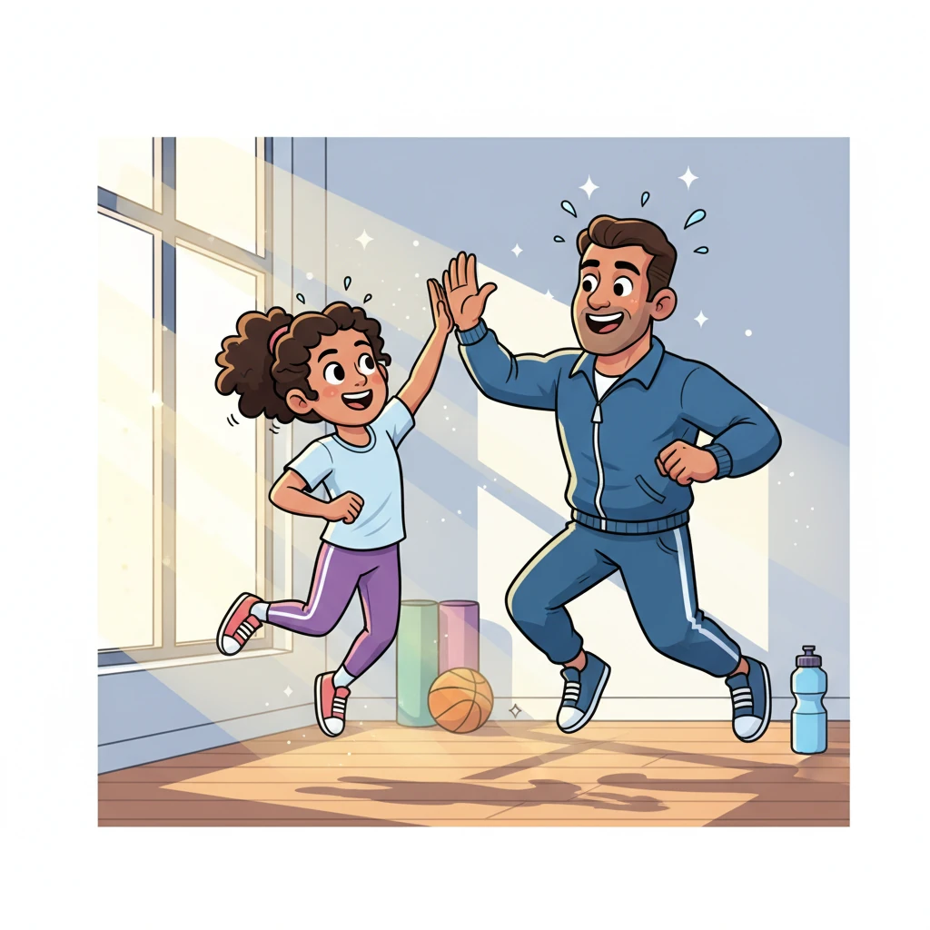Coach Karim and Aya are now seen together, high-fiving enthusiastically in a bright, modern gym. Both are in dynamic, athletic poses, celebrating their successful and easy connection through the magic of FlexMatch. Sunlight streams through the windows, illuminating their shared triumph.