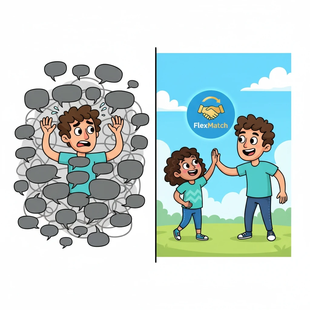 A dynamic split-screen shows the dramatic transformation. On one side, Coach Karim is still swamped by chaotic text bubbles, a memory of his past struggles. On the other, the joyous high-five between him and Aya, with the FlexMatch logo subtly integrated, showcases their bright, efficient present.