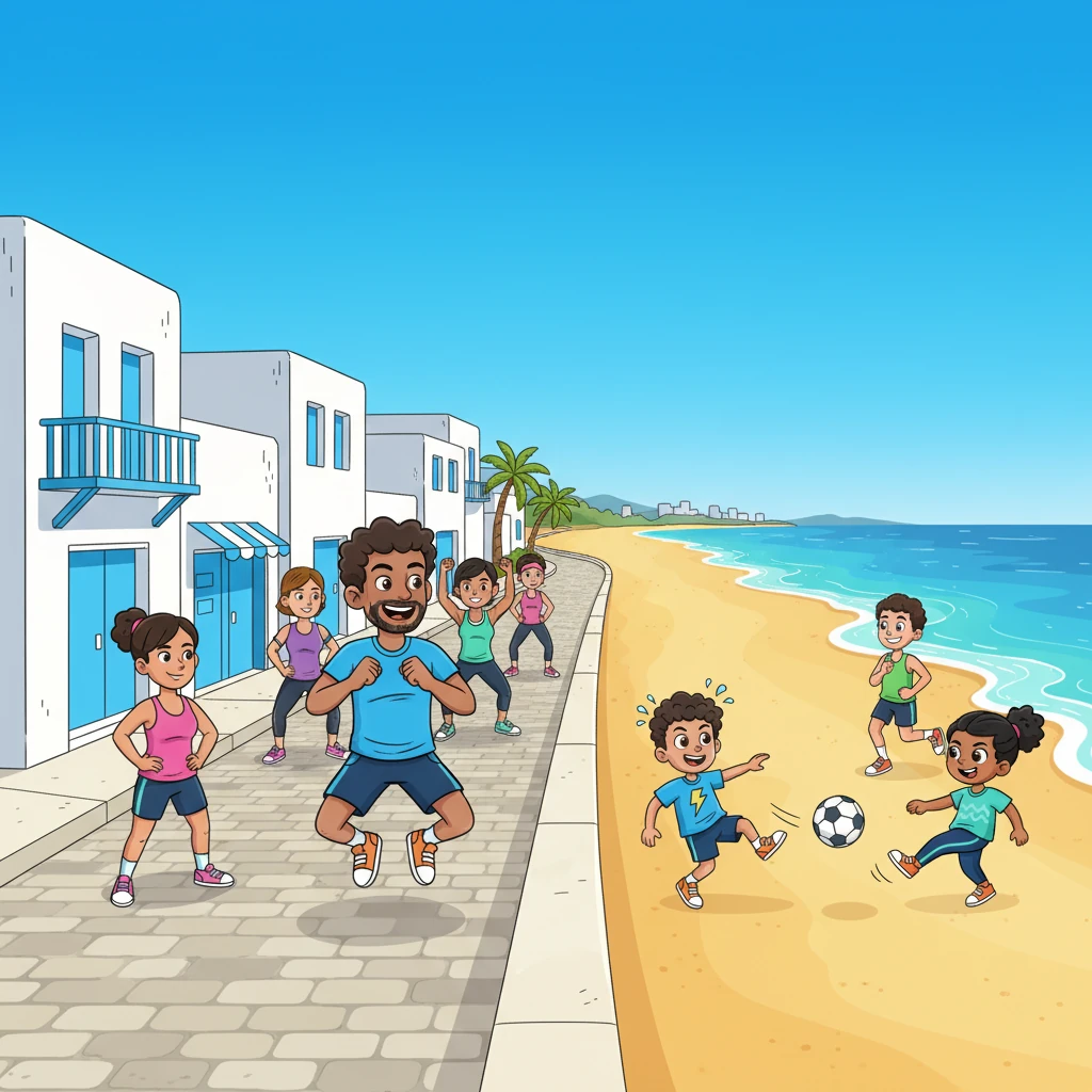 The scene explodes with vibrant Tunisian fitness energy! People are seen enjoying lively outdoor workouts on a sunny street, kids playfully kicking a football on a golden beach, and a jogger smiling along a scenic coastline. The air is filled with an upbeat, active spirit under a brilliant blue sky.