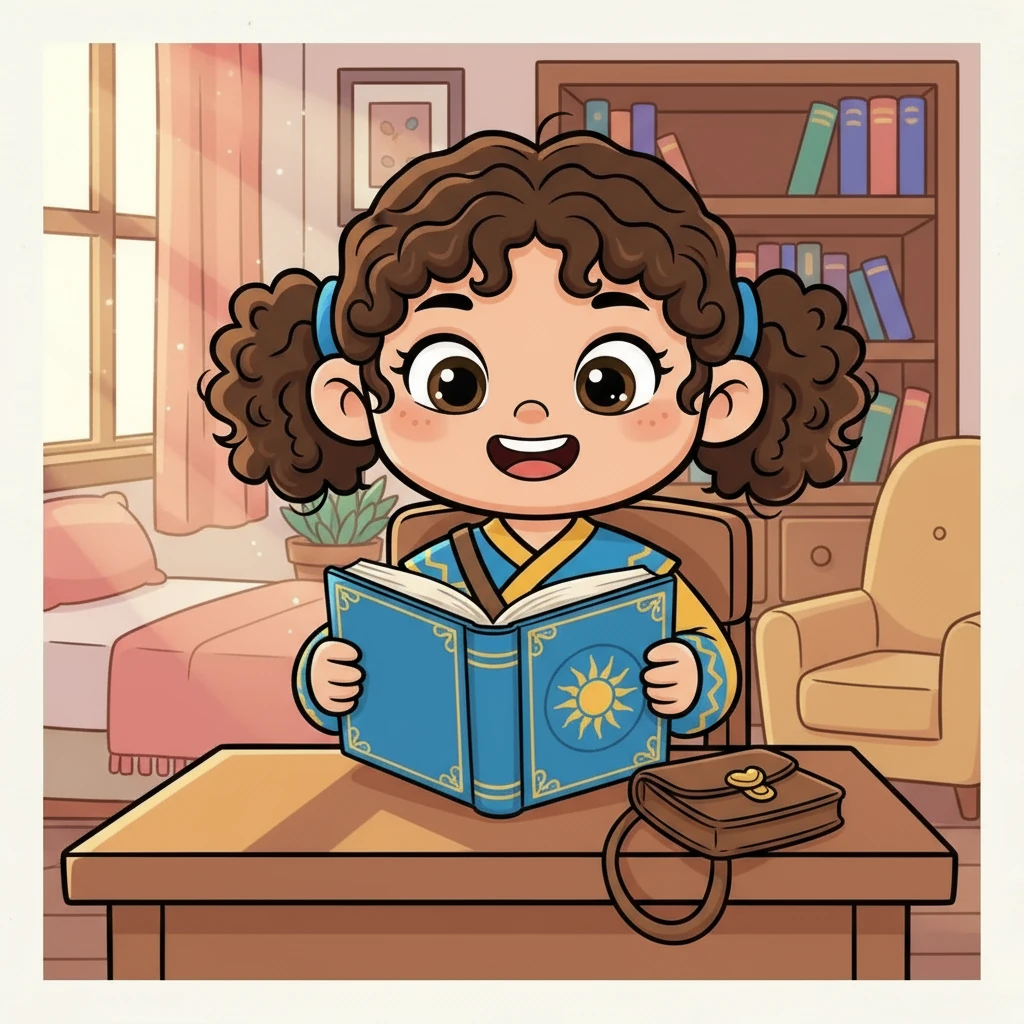 Aruzhan, a bright-eyed student, opens her new diary, "From Heart to Heart." She smiles, ready to begin her journey. The cover is adorned with a golden sun and a blue border, a symbol of her homeland.