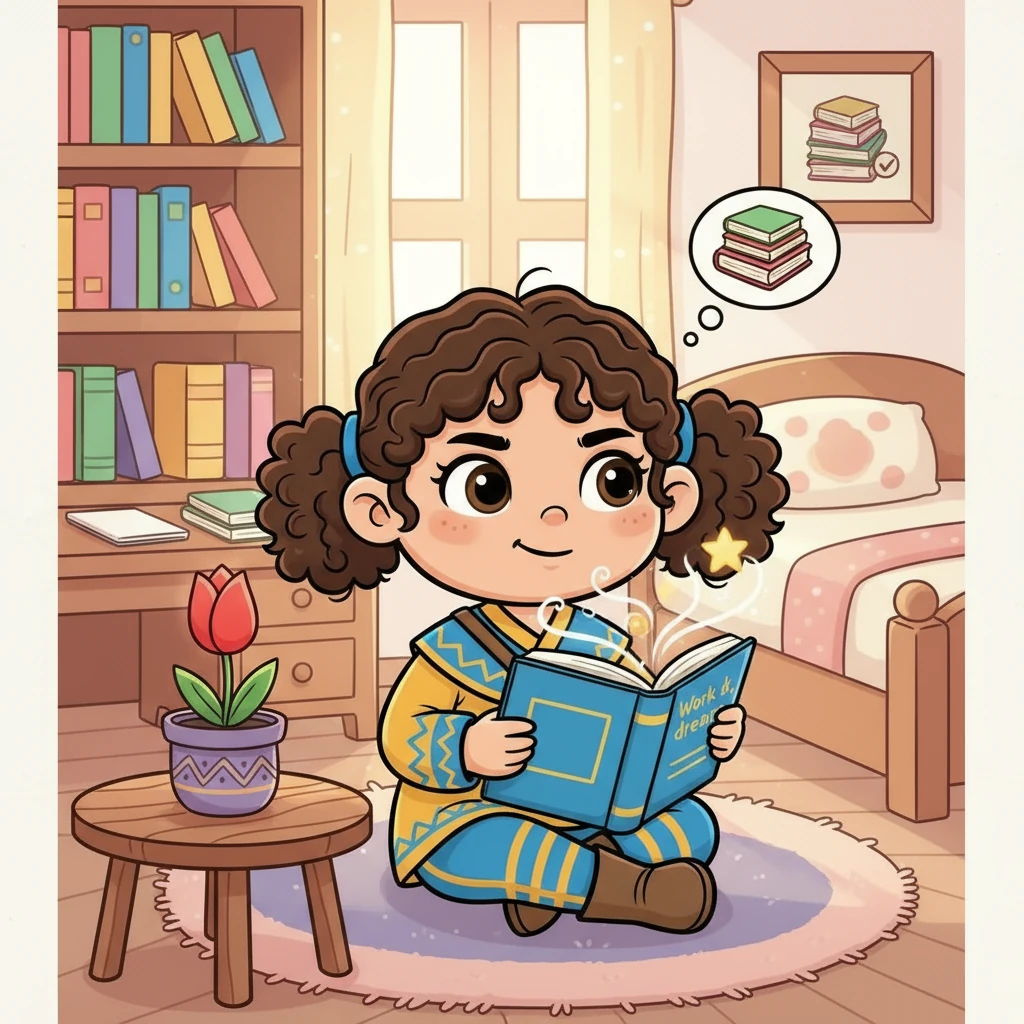 The first month, dedicated to Diligence and Professional Skills, features a vibrant tulip. Aruzhan reads the quote: "Work hard, dream big." She sets her first task: to complete her homework diligently every day.