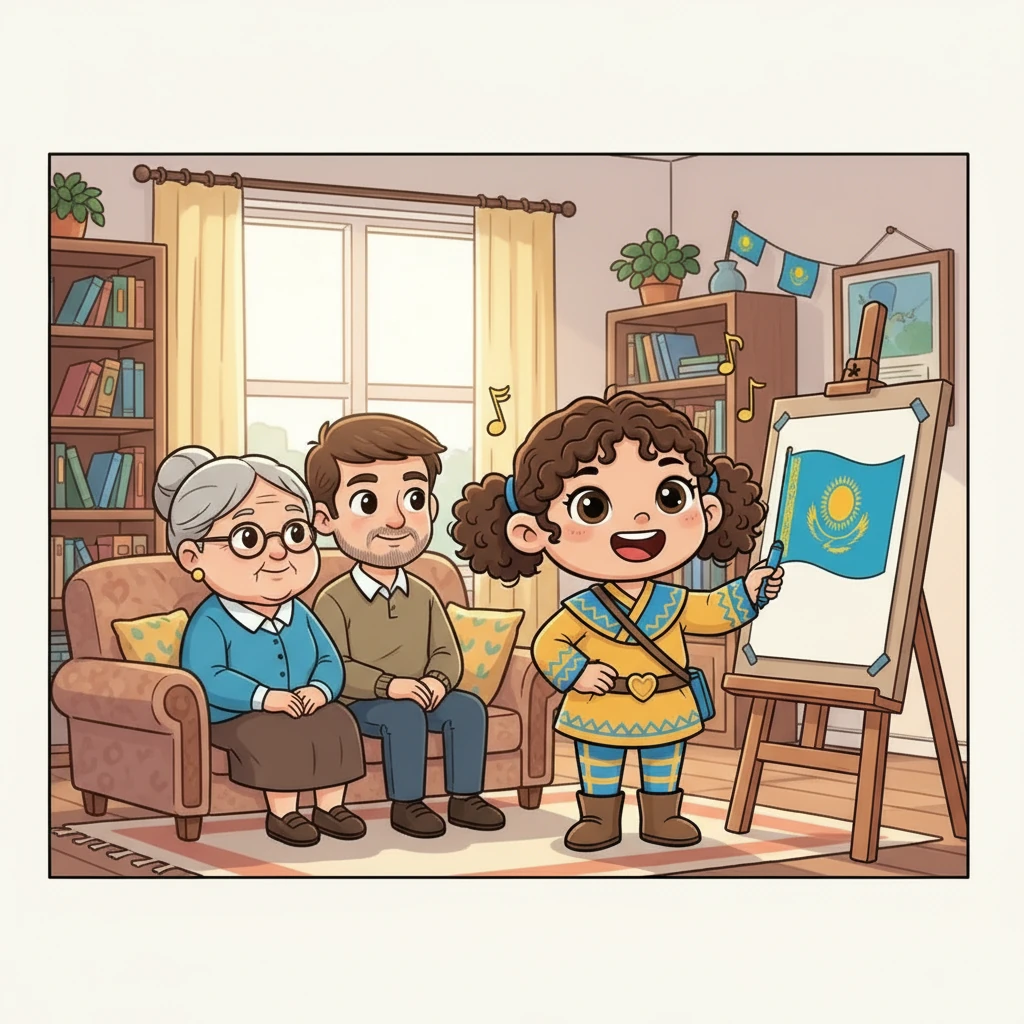 Next, it's the month of Independence and Patriotism. Aruzhan draws a Kazakh flag with pride. Her challenge is to learn the national anthem and share it with her family, feeling a surge of national pride.